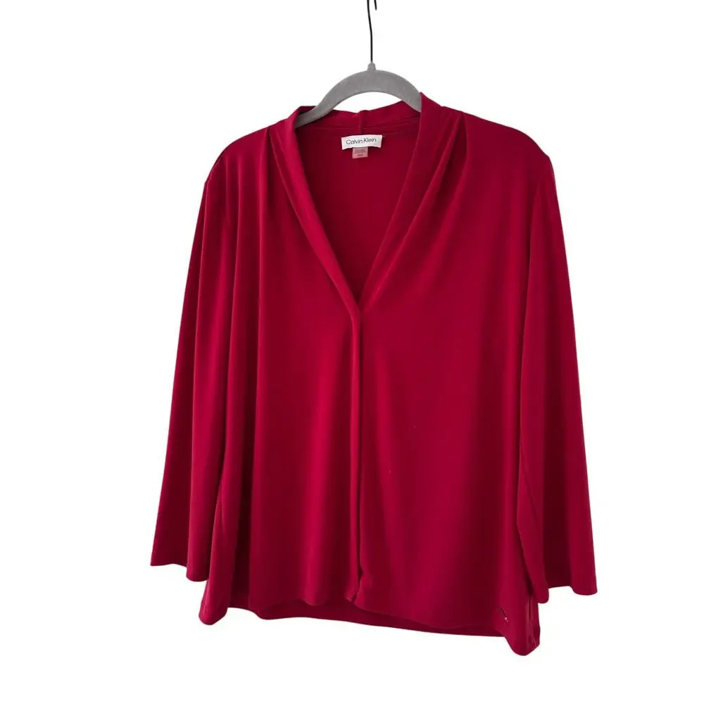 Calvin Klein Womens Red V Neck Blouse Top Long Sleeve Stretch Career Office - Picture 3 of 8